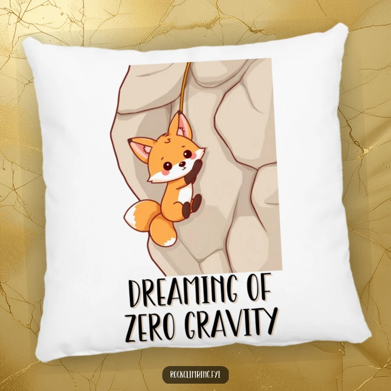 Funny fox dangling from a rock face on a soft pillow, adding playful humor and comfort to any space.