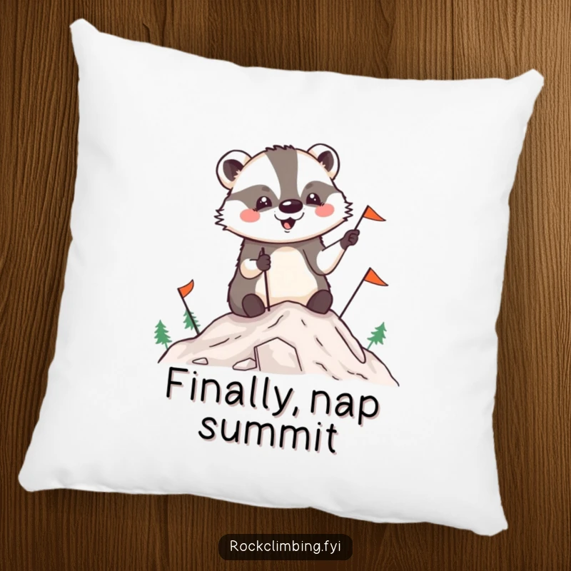 Funny badger pillow featuring a happy badger planting flags at a mountain summit, bringing humorous comfort.