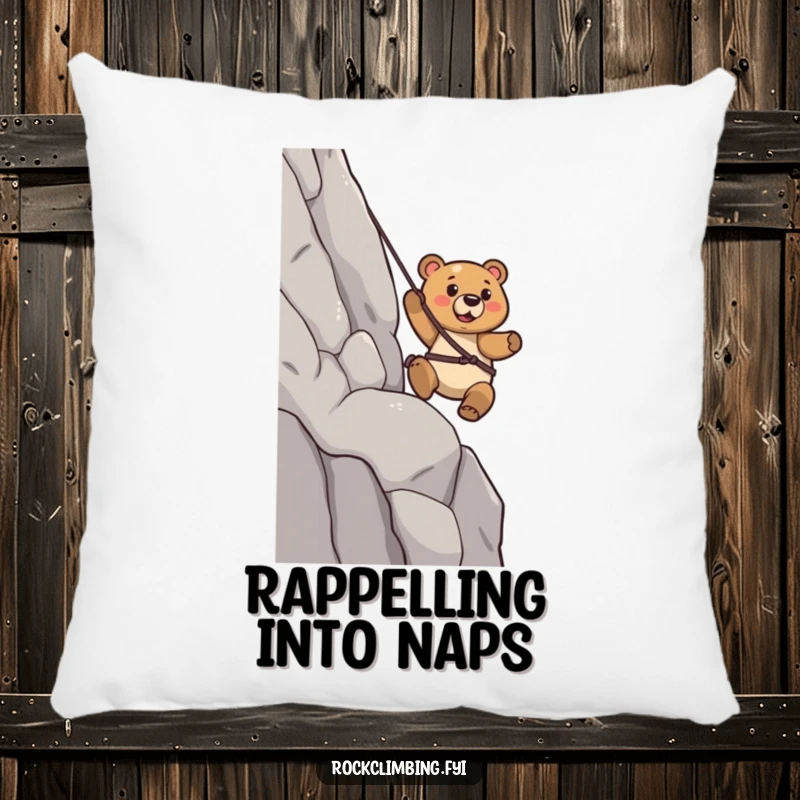 Funny Bear Pillow: A determined bear is depicted confidently rappelling down a cliff, offering comfort and humor.