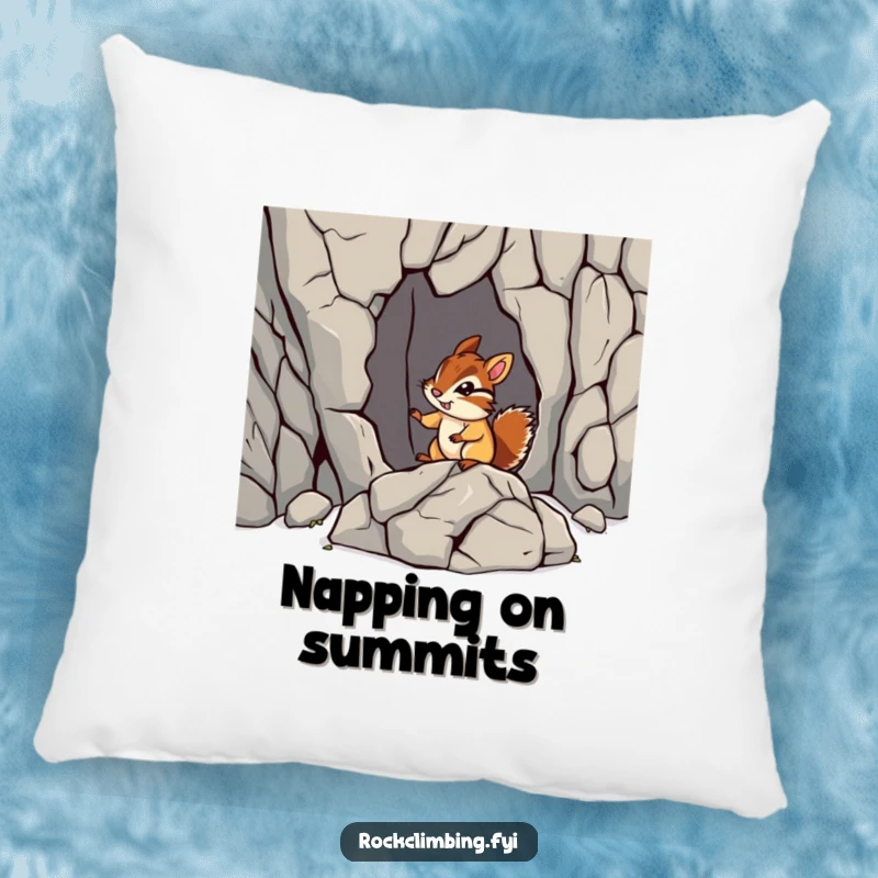 Funny chipmunk rock pillow featuring a chipmunk navigating a jagged rock formation. Soft, humorous, and perfect for adventurers.