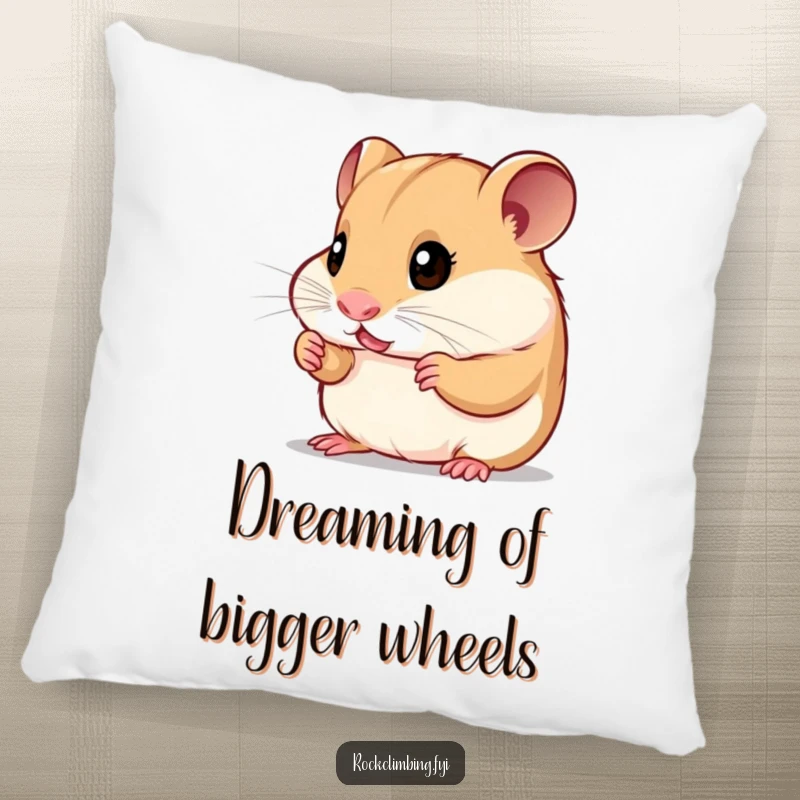 Funny curious hamster pillow showing a small rodent with bright eyes looking at tiny handholds, offering comfort and a humorous vibe.