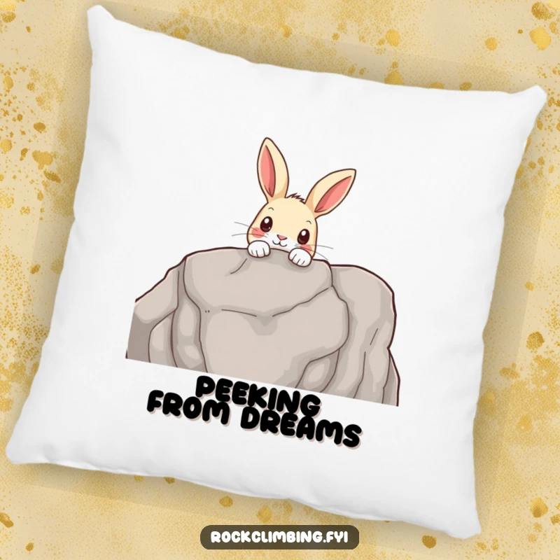 Funny pillow featuring a curious rabbit peeking over a rocky outcrop, adding a touch of woodland charm and comfort.