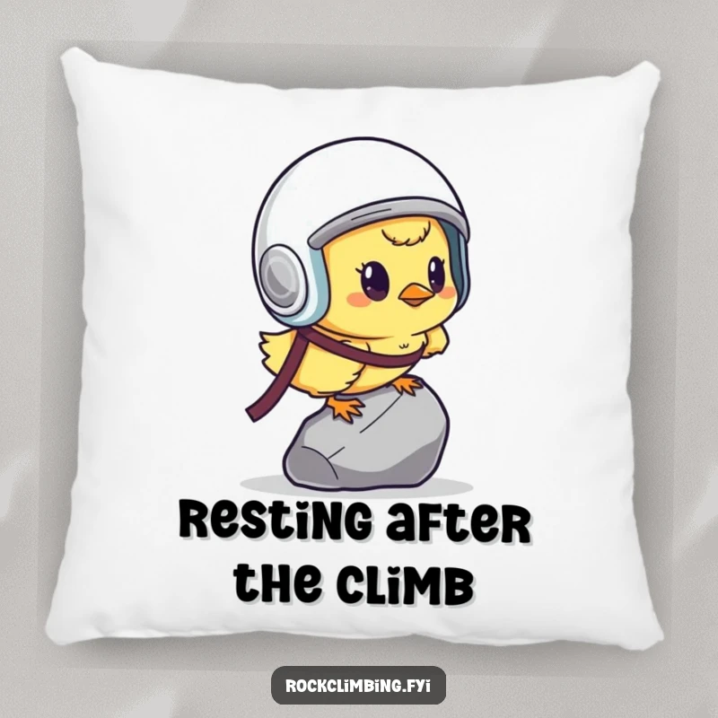 Funny determined chick in a helmet, scaling a tiny pebble, depicted on a plush and humorous pillow.