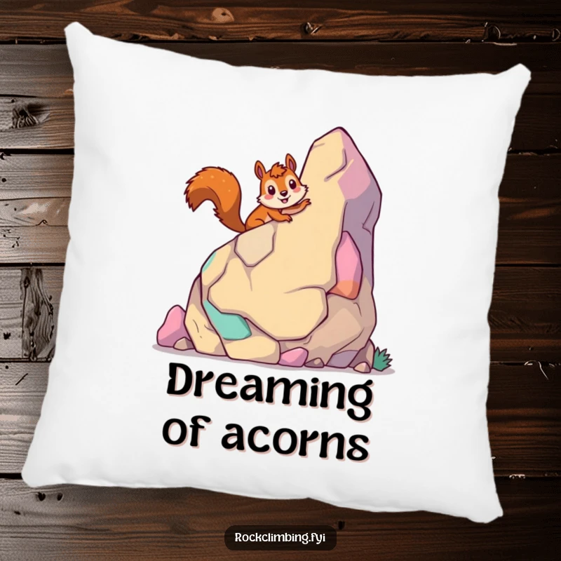 Funny giddy squirrel pillow designed with a smiling squirrel climbing a colorful cartoon rock, offering comfort.