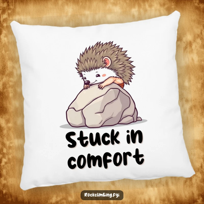 Soft pillow featuring a funny tiny hedgehog climbing a smooth boulder using suction cups.