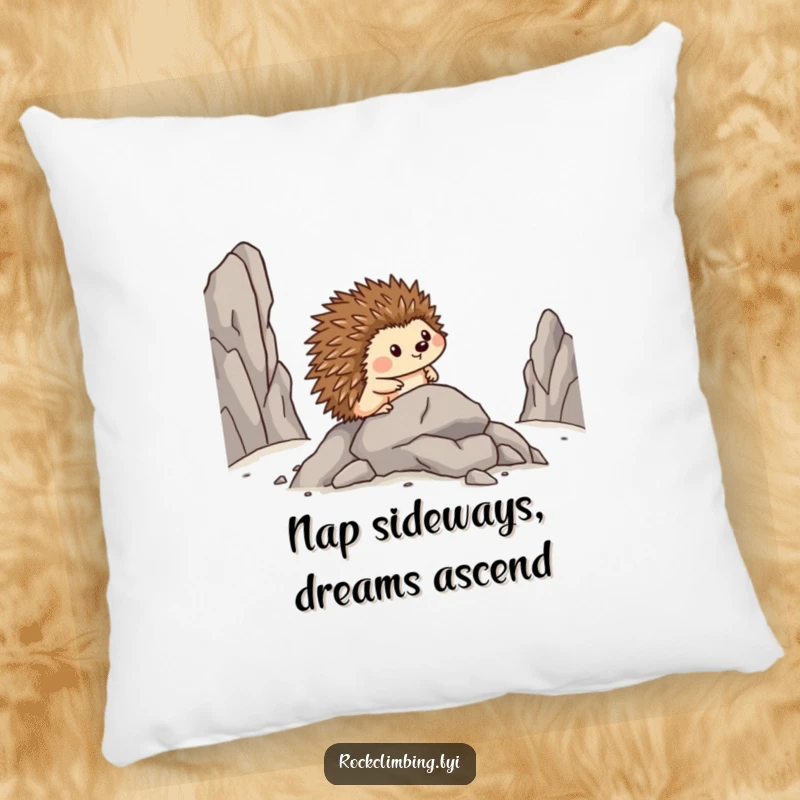 Funny pillow featuring a pleased hedgehog inching sideways across a rocky terrain, a symbol of brave humor.