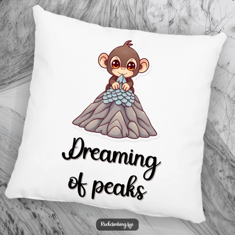 Funny Pillow featuring a cute monkey with bright eyes scaling a miniature mountain peak, adding soft humor and adventure.
