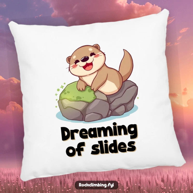 Funny otter pillow featuring a joyful otter gleefully sliding down a mossy rock, providing a soft, humorous decorative touch.
