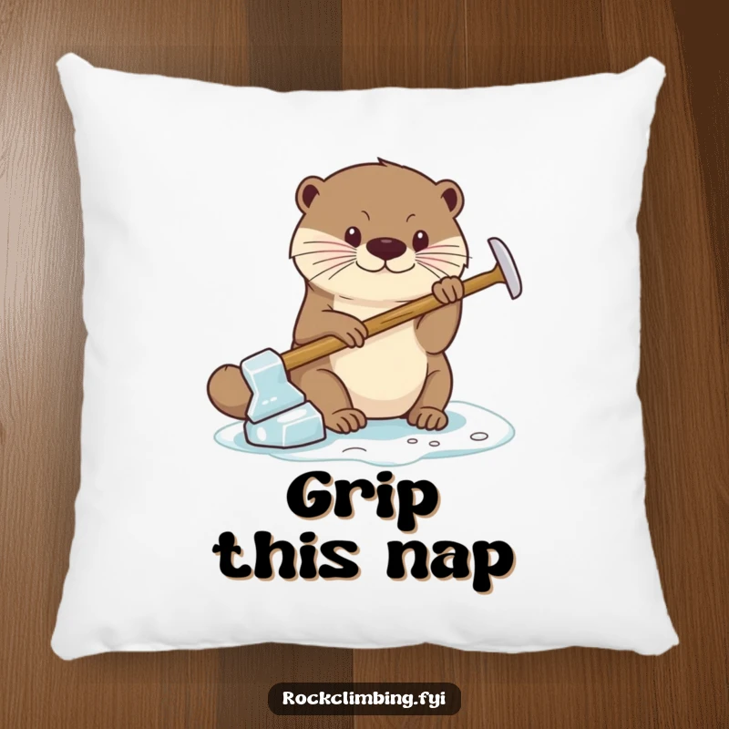 Funny Pillow with a soft otter character using a miniature ice axe for a secure grip, offering comfort and a determined vibe.
