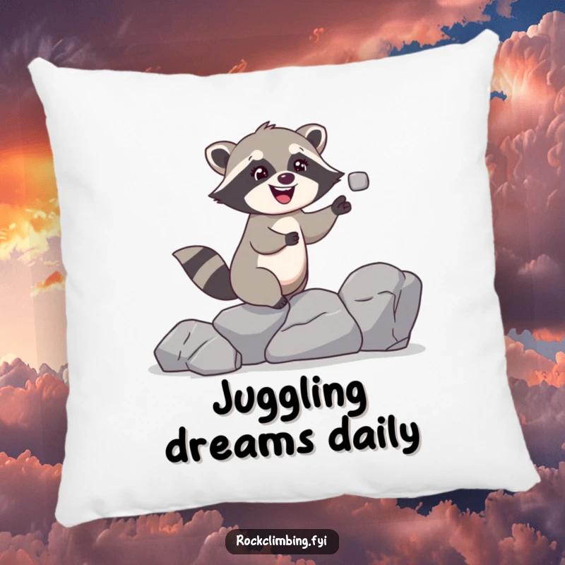 Funny raccoon pillow showing a giggling raccoon juggling rocks while climbing, offering humorous comfort and playful charm.