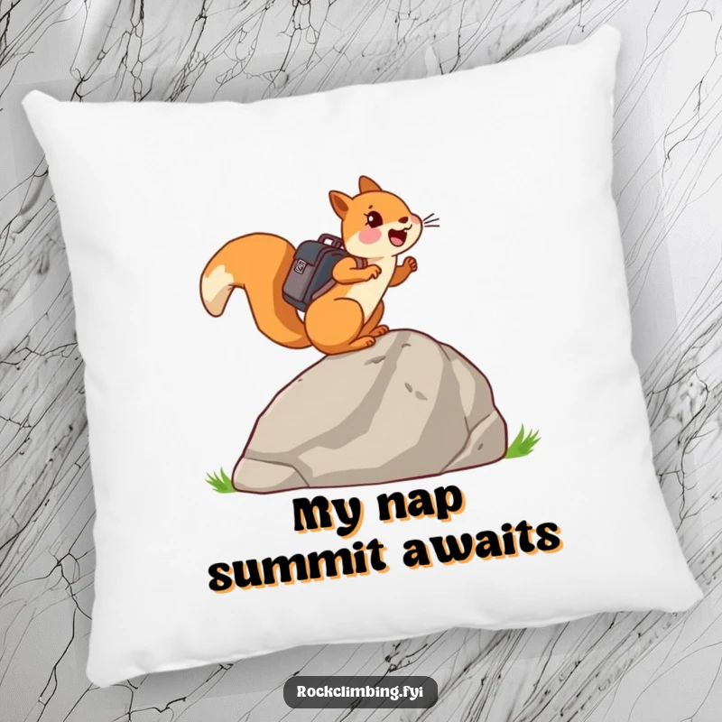 Funny joyful squirrel with a tiny backpack, climbing a large rock, depicted on a plush and humorous pillow.