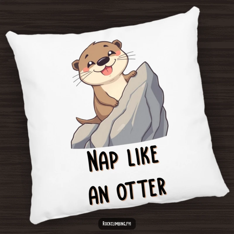 Funny Otter Pillow: A cheerful otter with a wide grin is depicted climbing a rocky surface, offering comfort and humor.