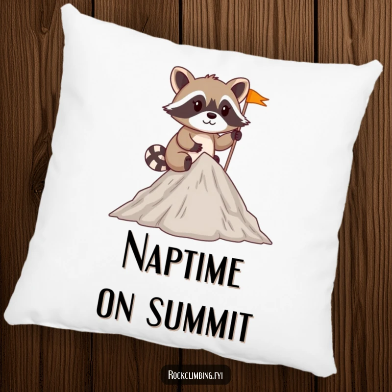 Funny mischievous raccoon planting a tiny flag at the summit of a small peak on a soft pillow.