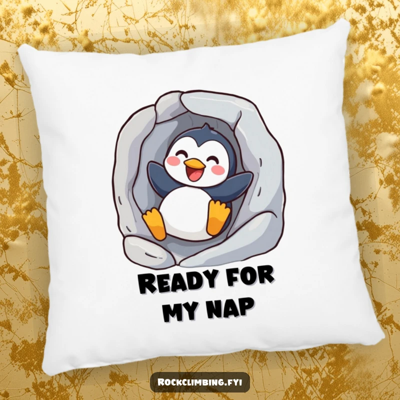 Funny joyful penguin pillow featuring a happy bird sliding down a rock, offering comfort and a playful, cheerful ambiance.