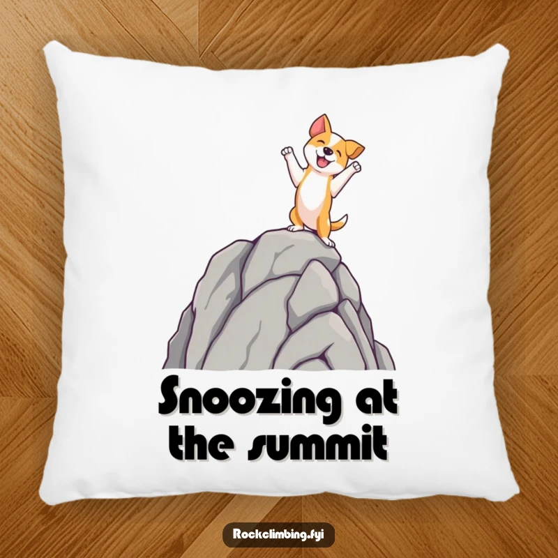 Funny dog pillow showing a joyful dog at the very top of a rock spire, a cute and funny accent piece.