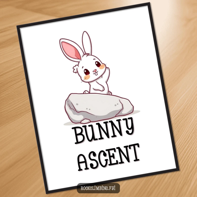 Funny digital art print of a curious rabbit reaching for a colorful handhold on a boulder, conveying a sense of wonder and humor.