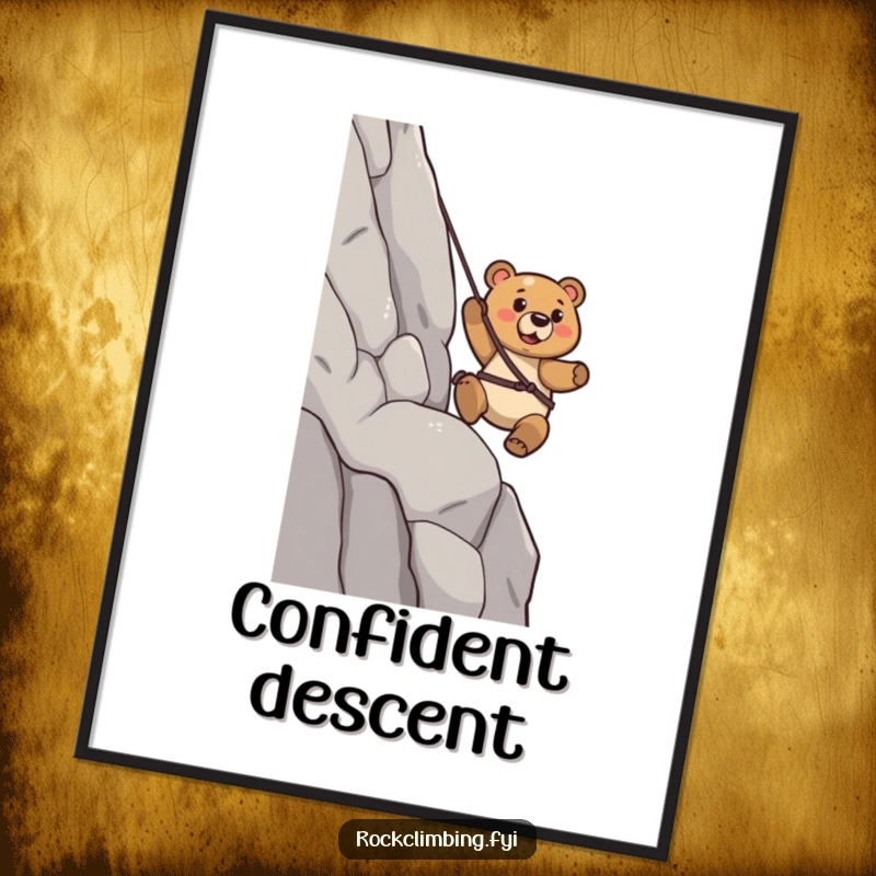 Funny Bear Digital Art Print: A determined bear confidently rappels down a cliff, a bold and humorous piece.