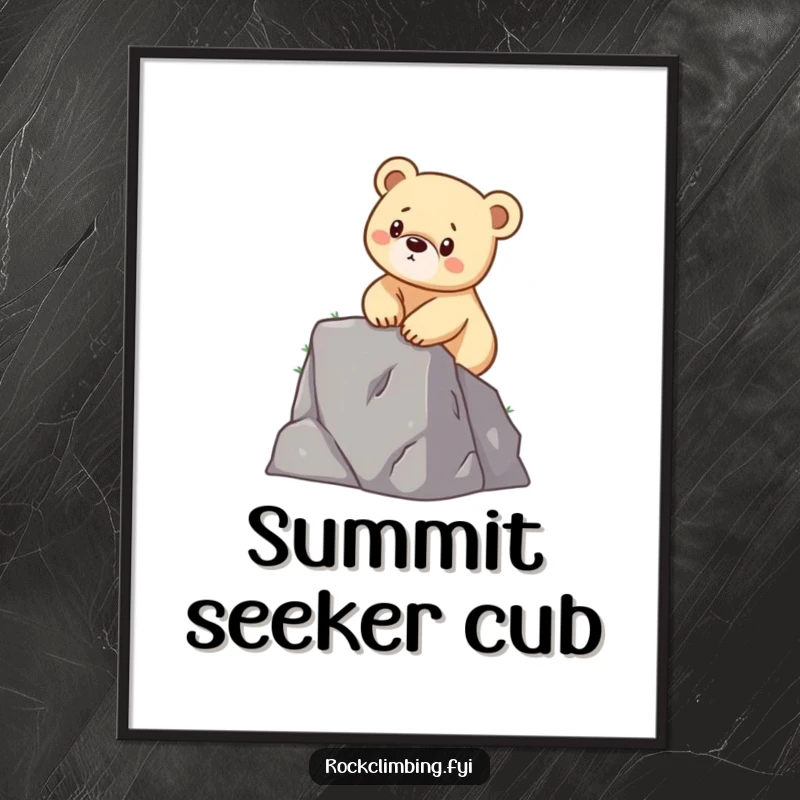 Funny digital art print of a determined bear cub scaling a small cliff, ideal for motivational and humorous decor.