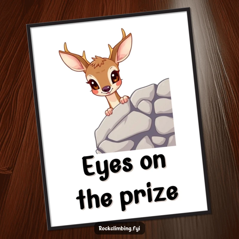 Funny deer digital art print showing a wide-eyed deer peeking over a rocky ledge, a humorous and downloadable piece for decor.