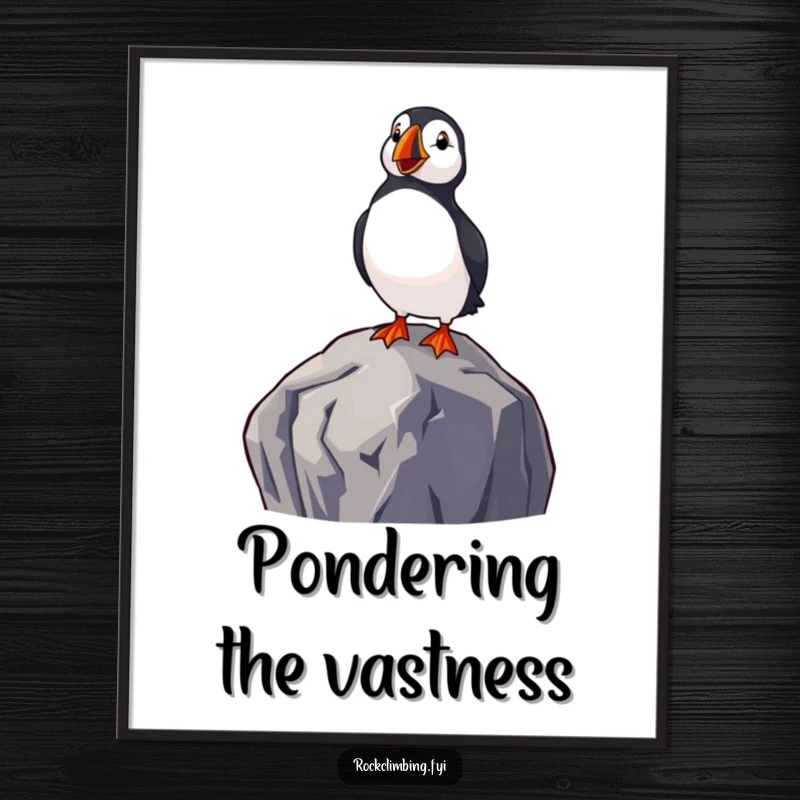 Funny digital art print of a delighted puffin perched on a high rock, looking out at the sea, embodying peaceful coastal humor.