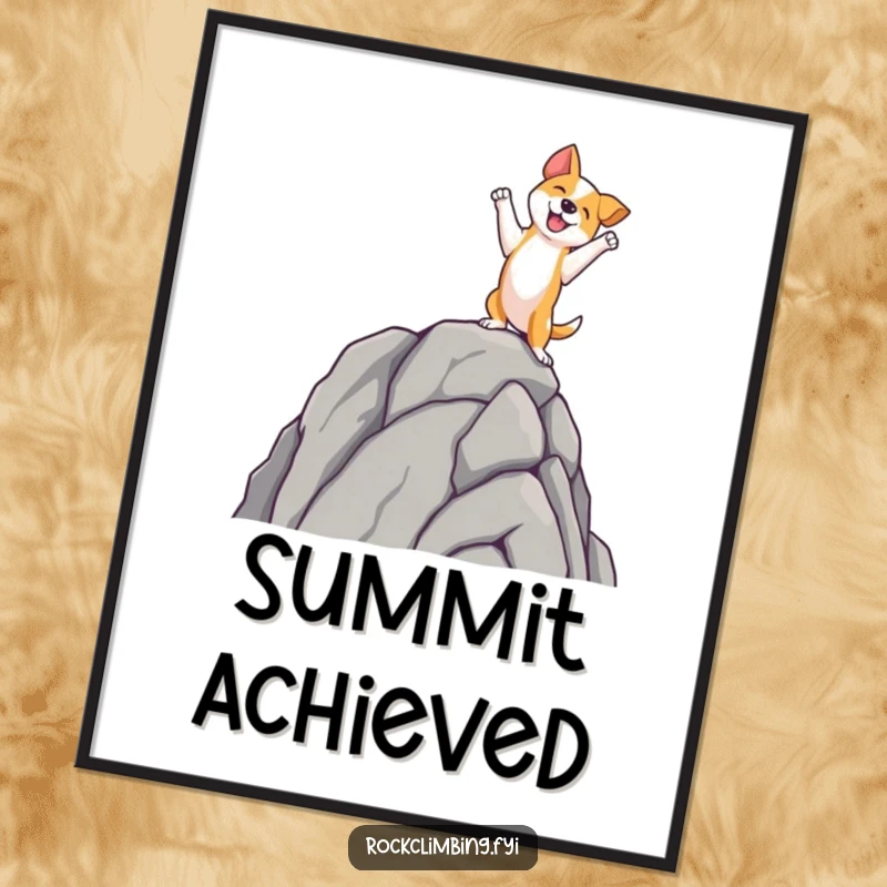 Funny dog digital art print of a dog standing victoriously on a rock spire summit, a funny and inspiring digital download.
