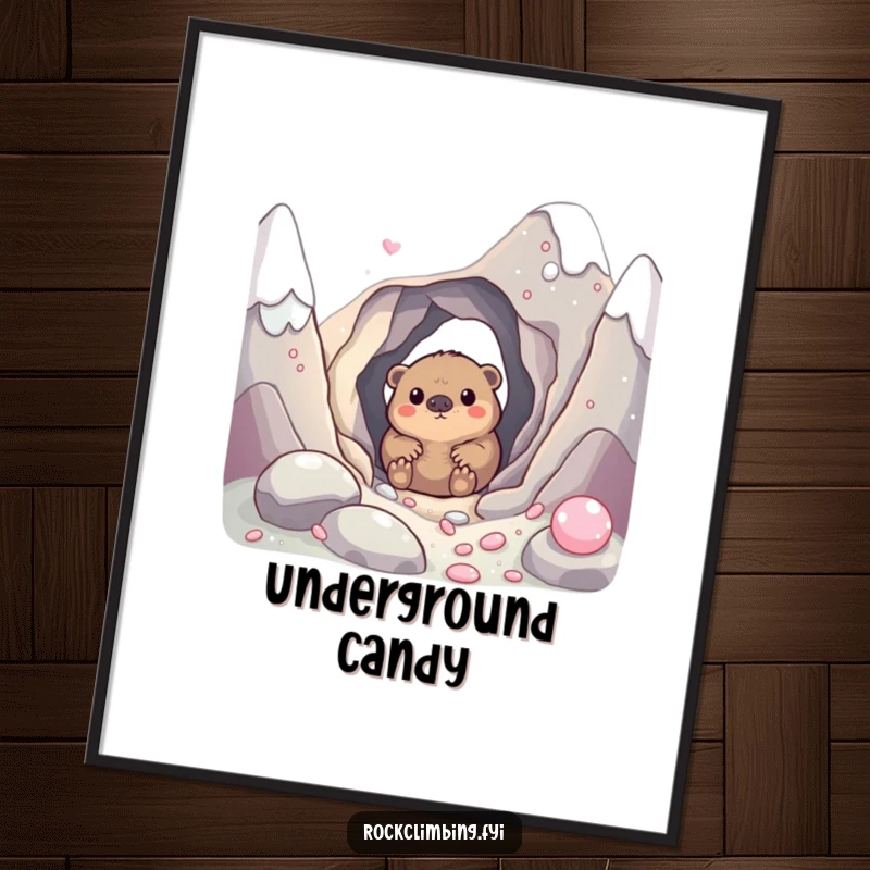 Funny digital art print of a curious mole peeking from a hole in a candy mountain, a humorous and charming piece for instant decor.