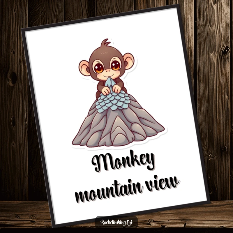 Funny Digital Art Print of a cute monkey with bright eyes scaling a miniature mountain peak, a humorous and inspiring artwork.