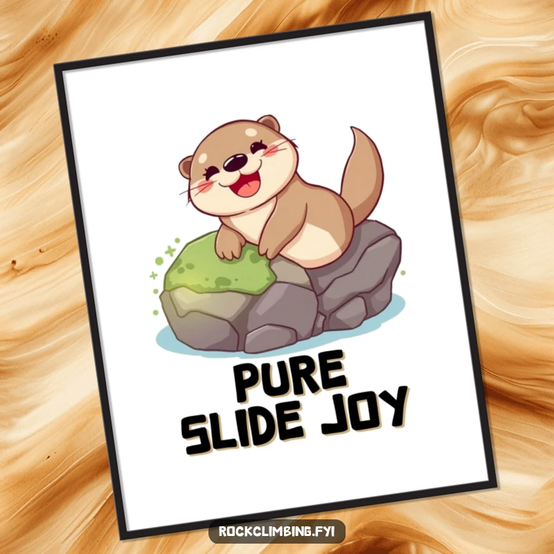 Funny otter digital art print of a happy otter gleefully sliding down a mossy rock, perfect for instant, humorous wall decor.