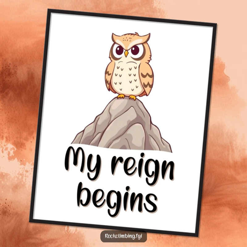 Funny owl digital art print of a proud bird on a rocky peak, offering majestic humor and a wise gaze for instant wall decor.