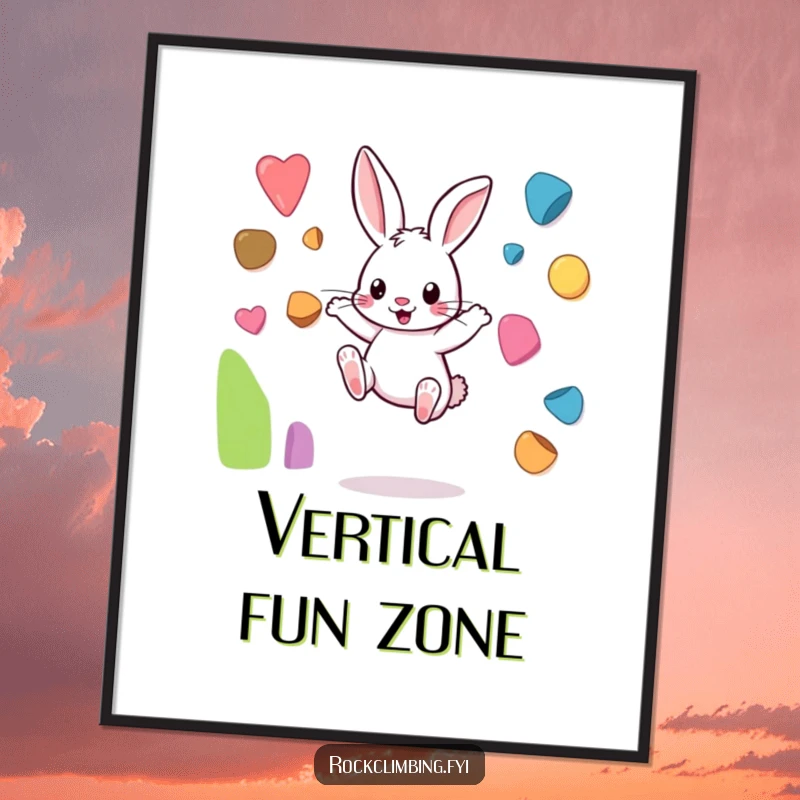 Funny rabbit digital art print of a playful bunny leaping between colorful climbing holds, showcasing active fun and joy.