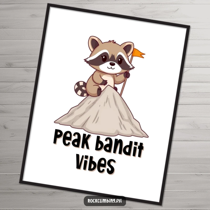 Funny mischievous raccoon planting a tiny flag at the summit of a small peak, high-quality digital art.