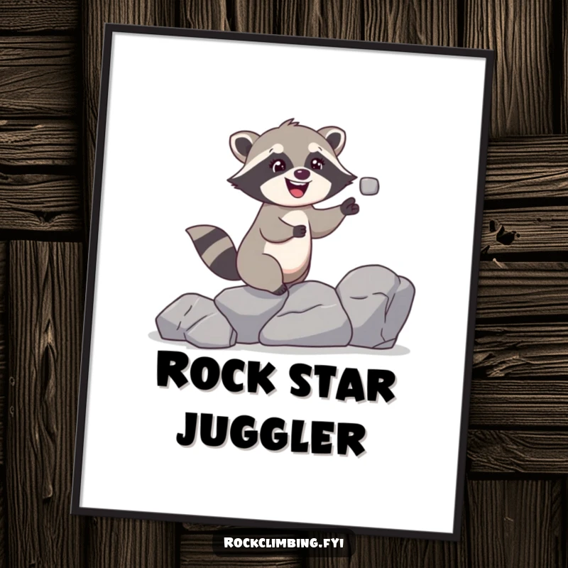 Funny raccoon digital art print showing a giggling raccoon juggling rocks while climbing, a humorous and downloadable piece for decor.