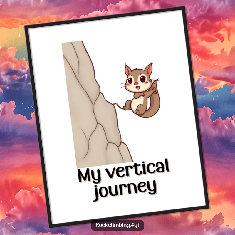 Funny squirrel digital art print of a determined rodent scaling a steep cliff with a rope, conveying strength and humor.