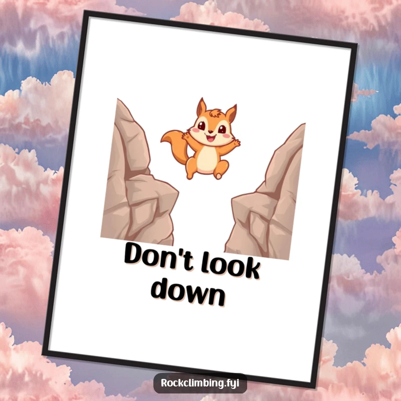 Funny squirrel digital art print showing a squirrel mid-leap between rocky outcrops, a humorous and dynamic piece.