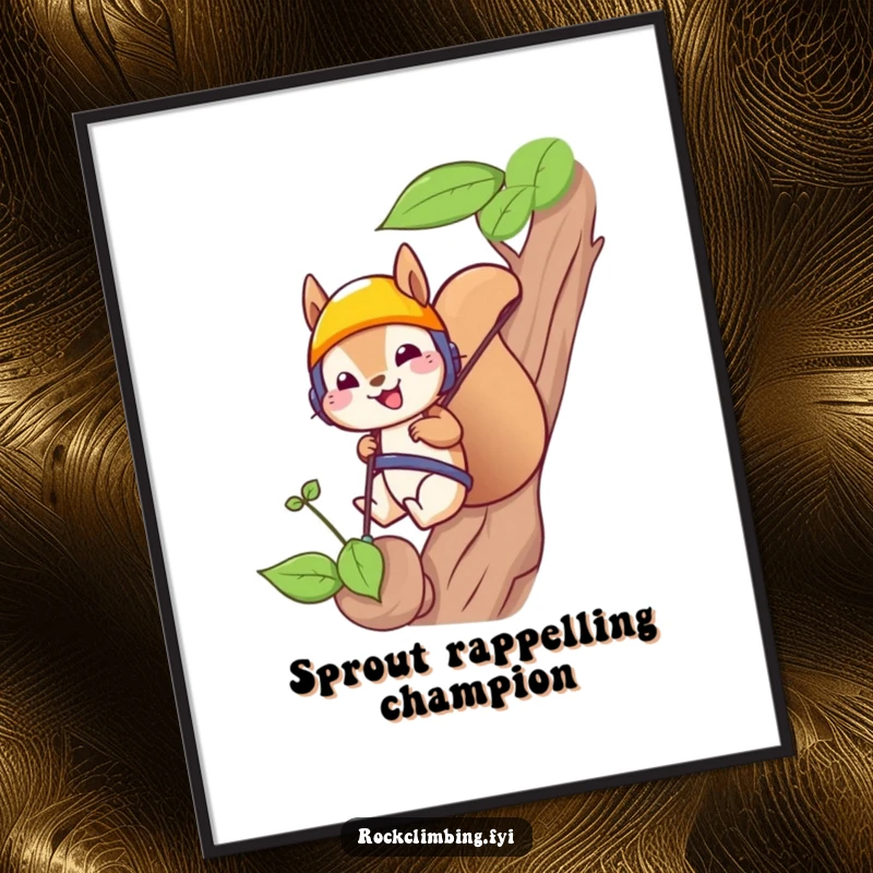 Funny squirrel rappelling illustration as a downloadable art print, showcasing extreme sports humor for instant wall decor.
