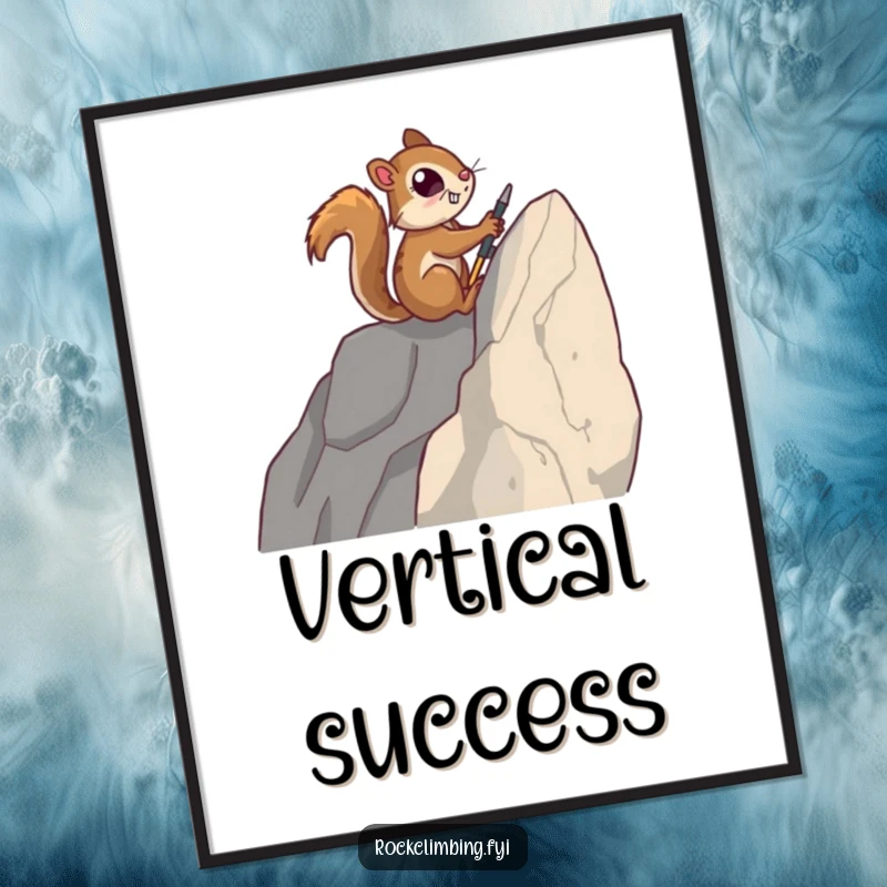Funny digital art print of a determined squirrel using tiny tools to ascend a sheer rock face, capturing a moment of peak effort.