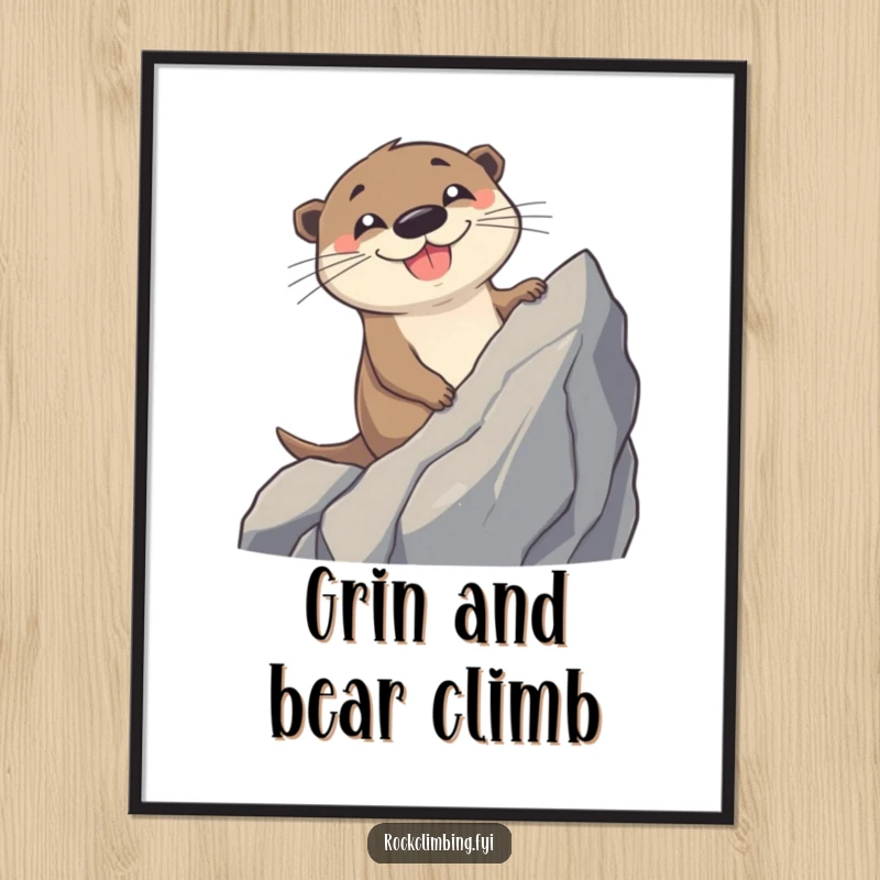Funny Otter Digital Art Print: A cheerful otter with a big grin ascents a jagged rock, a vibrant and humorous piece.