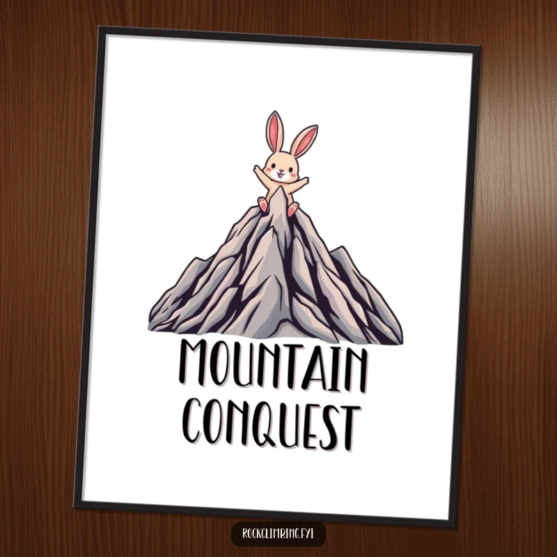Funny digital art print of a triumphant rabbit reaching the summit of a stylized, craggy mountain, embodying pure joy.