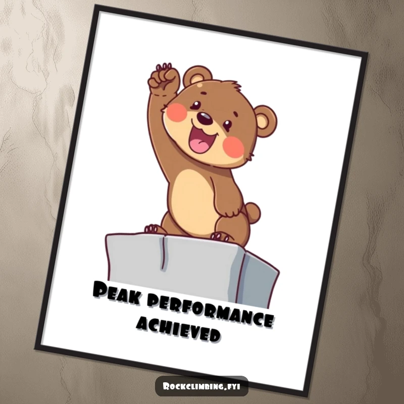 Funny Bear Cub Climbing Digital Art Print: A determined cub yelps reaching for a high ledge, vibrant and inspiring.