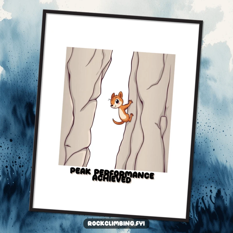 Funny squirrel digital art print, showing a determined squirrel heroically scaling a sheer cliff, capturing ambition and humor for wall decor.