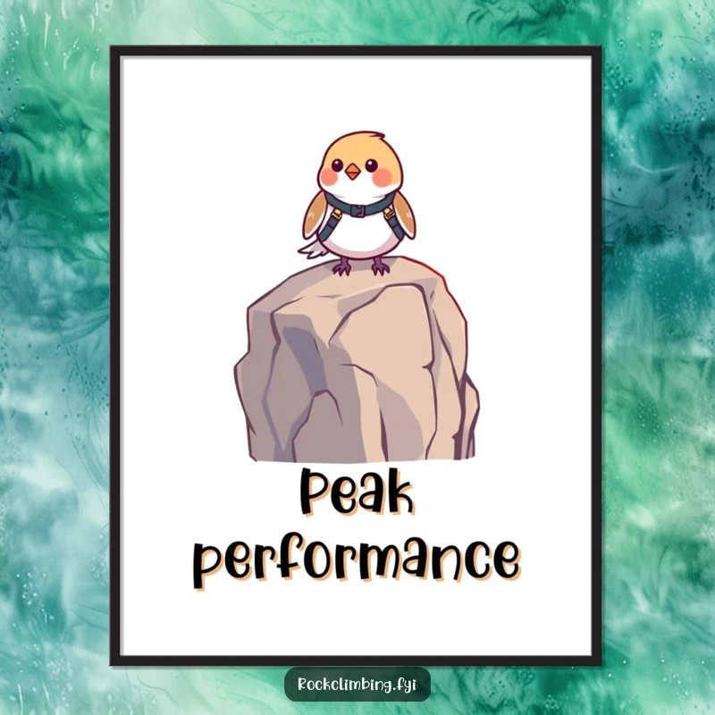 Funny bird harness digital art print of a small bird in a harness, perched on a high rock, ready for flight. Humorous and artistic.