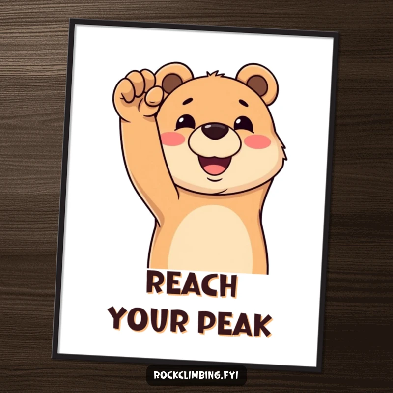Funny digital art print of a happy bear grinning while reaching for a challenging climbing hold, capturing a moment of pure joy.