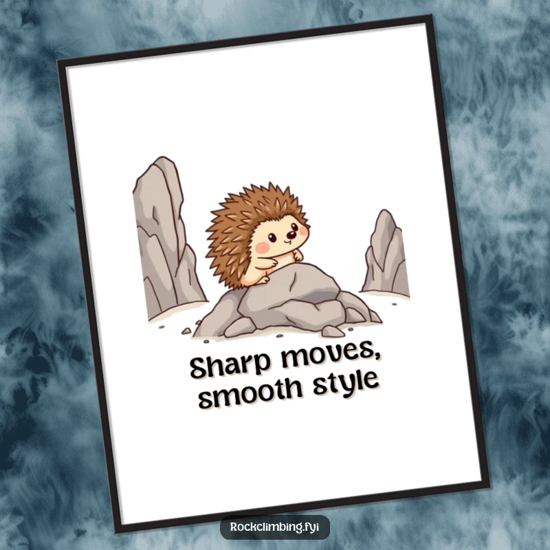 Funny digital art print of a brave hedgehog moving sideways across a rocky outcrop, looking very pleased with itself.