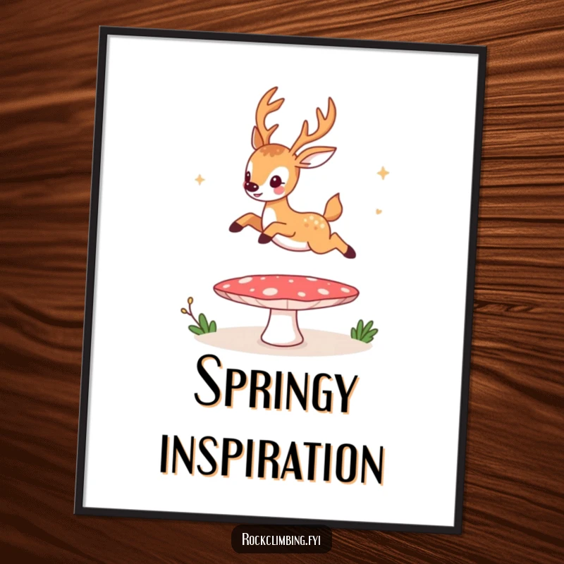 Funny digital art print, a deer humorously bouncing high on a mushroom trampoline, conveying energetic, comical woodland fun.