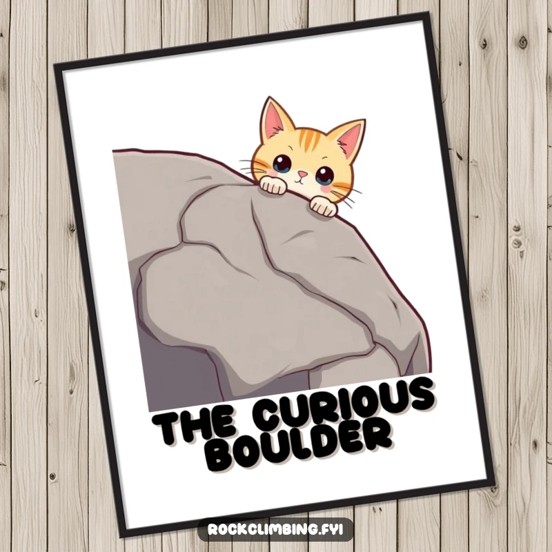 Funny curious cat peering over a massive boulder edge, whiskers twitching, looking intrigued, downloadable humorous art.