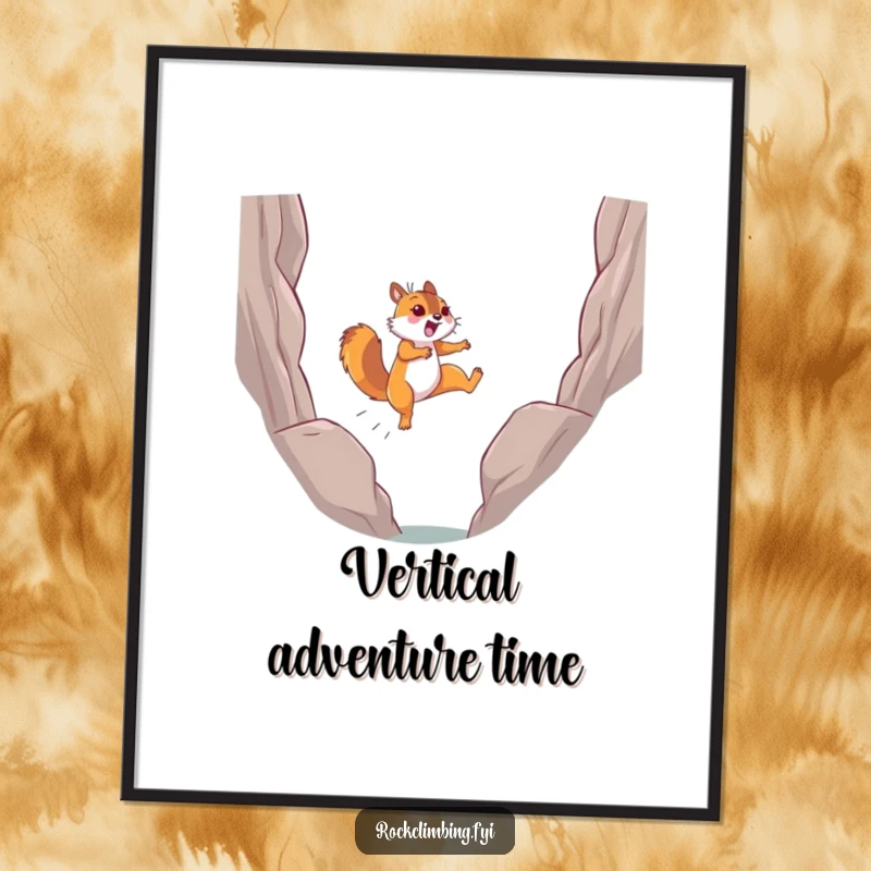 Funny determined squirrel leaping joyfully mid-air between rocks, high-quality digital art print for dynamic decor.