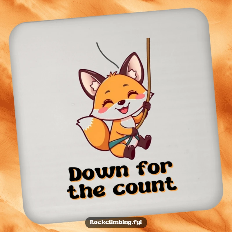 Funny drink coaster showcasing a smiling fox rappelling down a rock face, perfect for adding humor to drinks.