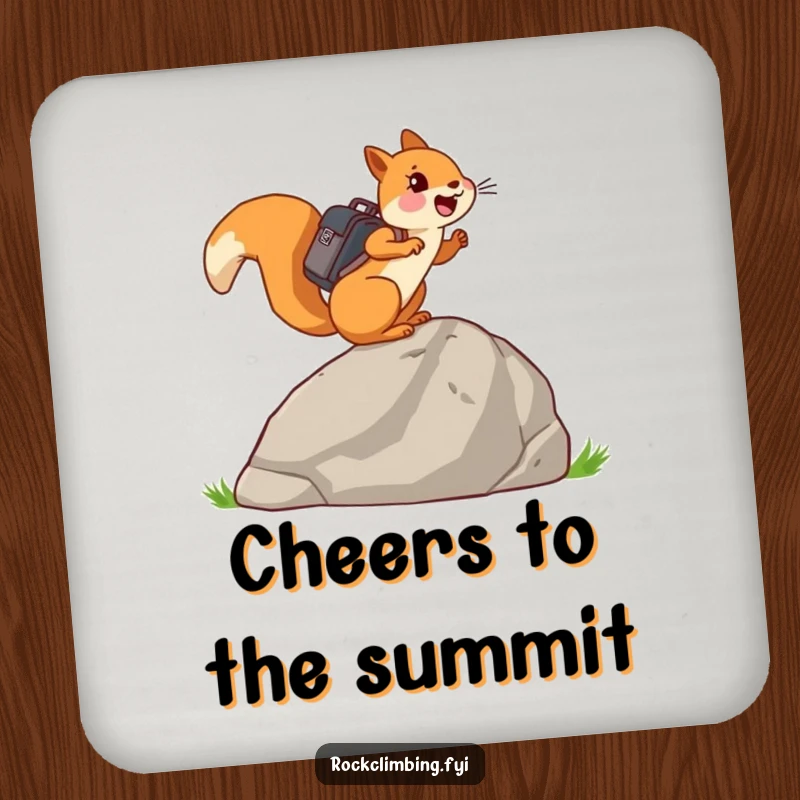 Funny joyful squirrel with a tiny backpack, ascending a large rock, on a coaster for surfaces.