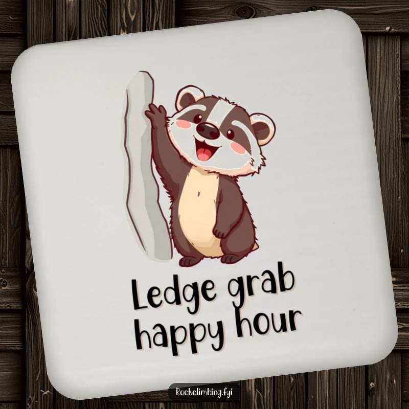 Funny badger climbing toward a ledge on protective coasters, perfect for tables and adding adventurous humor.
