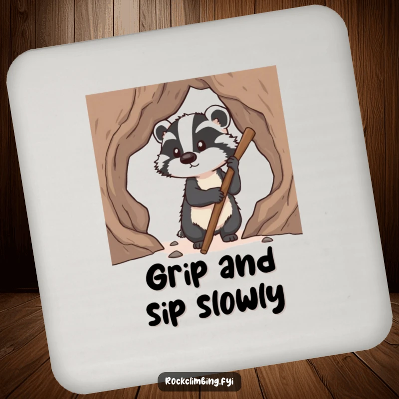 Funny badger coaster featuring a determined badger using a stick for pawholds while climbing, a humorous coaster for drinks and surface protection.